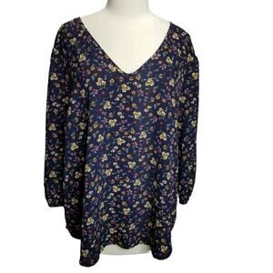 Lush Blouse Womens 1X Navy Ditsy Floral Tunic V Neck Tie Back